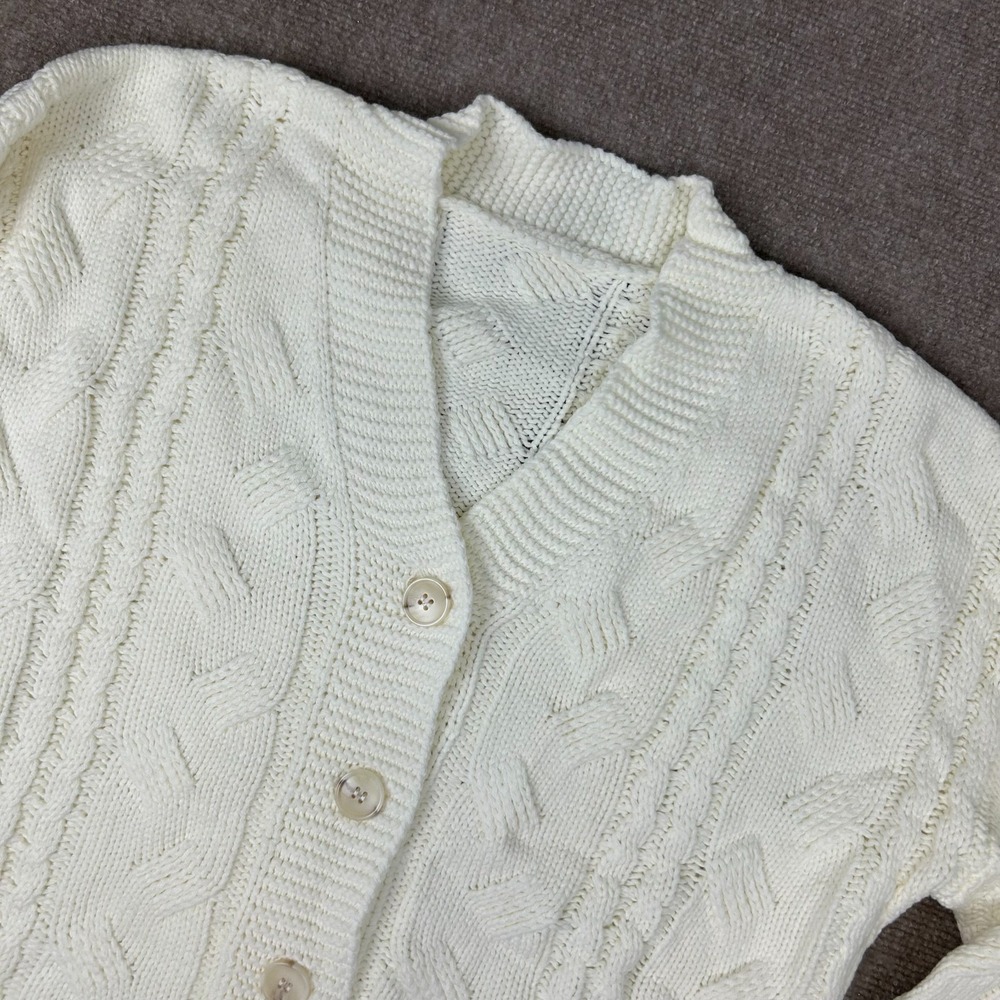 Commense Cardigan Sweater Womens Small White Cable Knit Ribbed Trim Cozy Winter